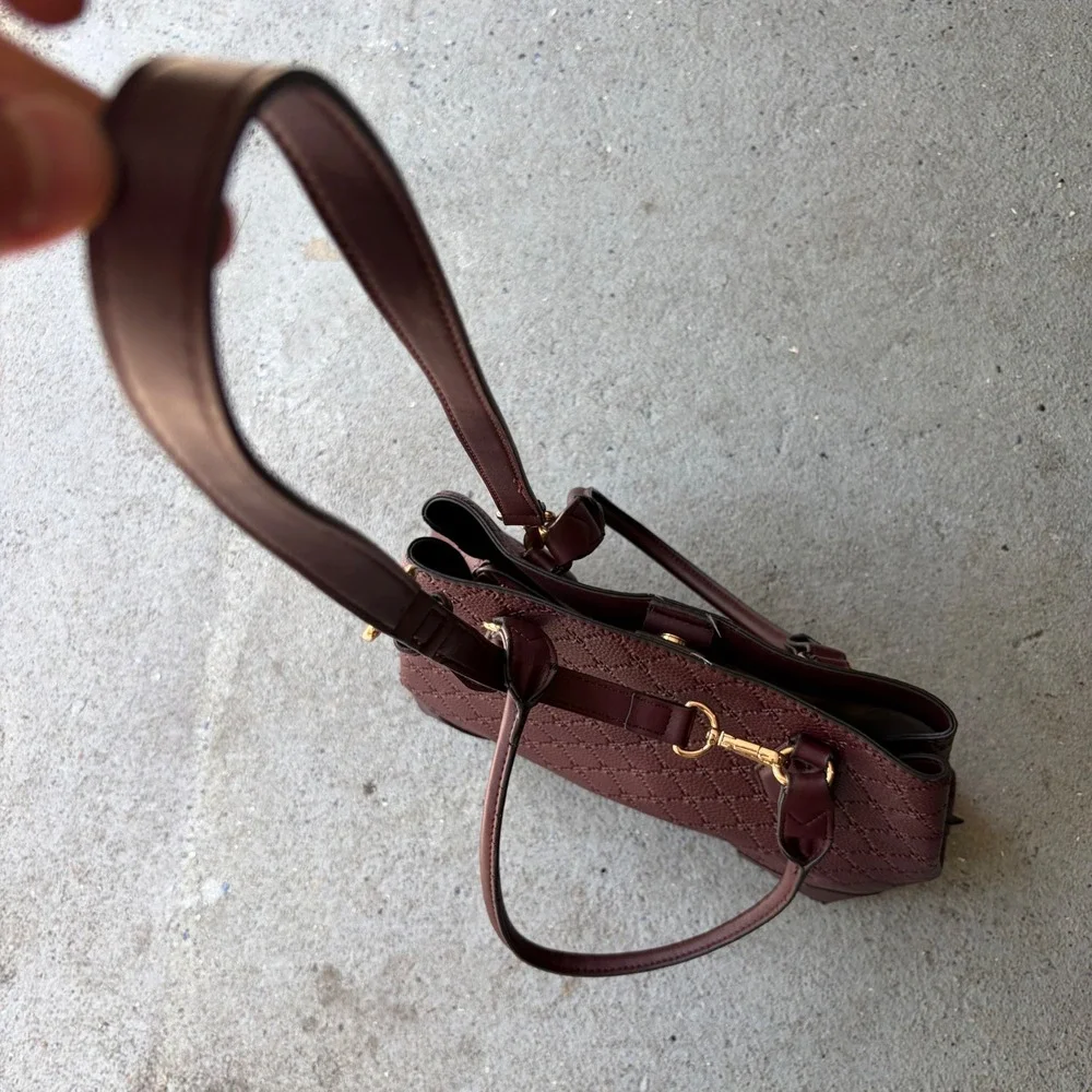 Nine West Burgundy Quilted Monogram Satchel Crossbody Handbag Gold Hardware